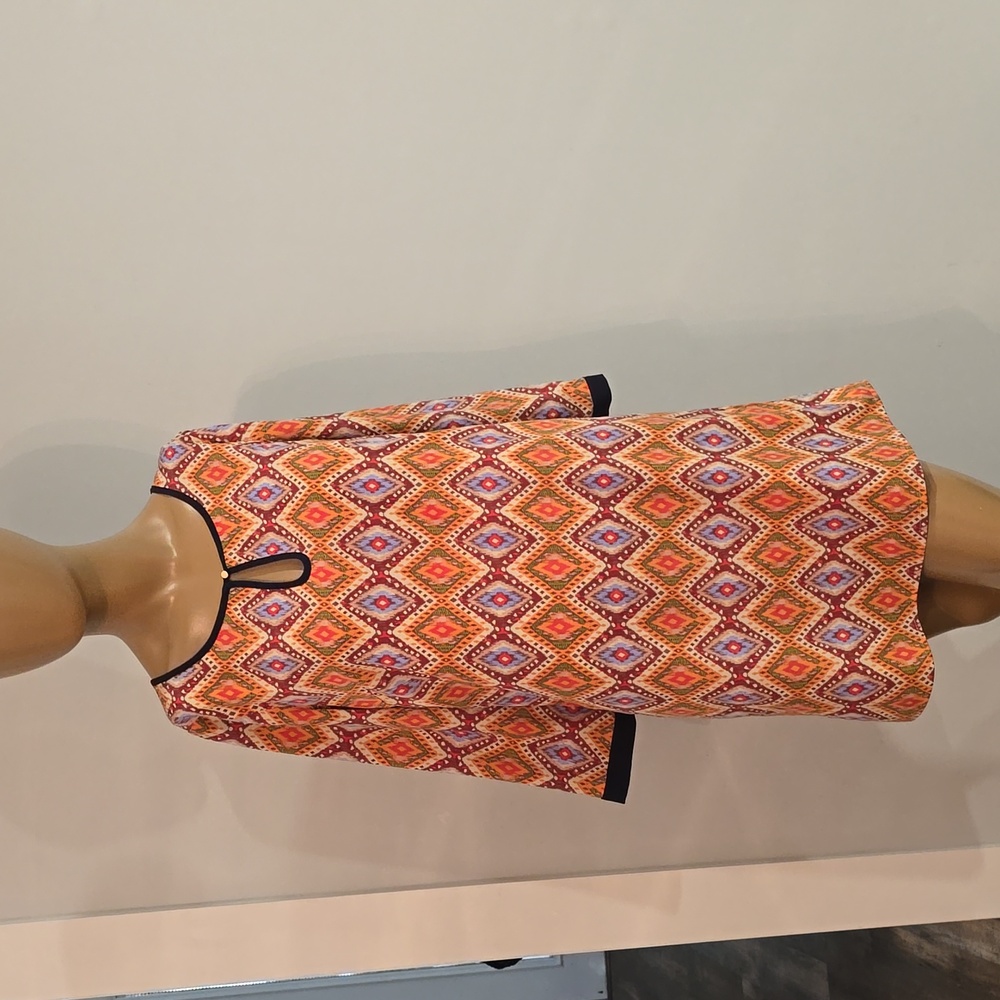 708 Skies Are Blue Lined Shift Orange Geometric Retro Womens Dress Small 3/4 Slv